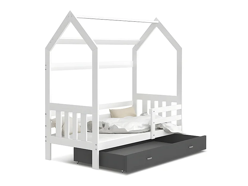 Lit cabane Plus  80 x160 cm avec sommier , matelas et tiroir Blanc - Gris foncé
