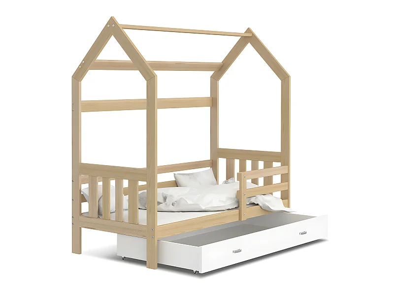 Lit cabane Plus  80 x160 cm avec sommier , matelas et tiroir Pin - Blanc