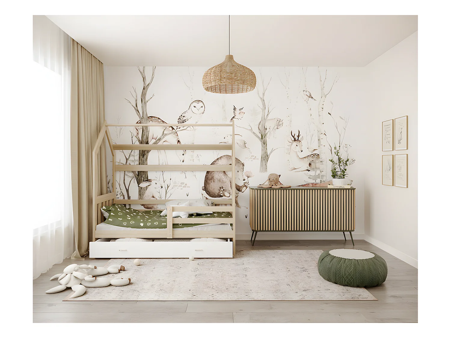 Lit cabane Plus  80 x160 cm avec sommier , matelas et tiroir Pin - Blanc