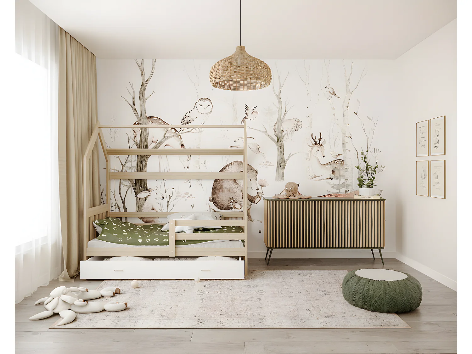 Lit cabane Plus  80 x160 cm avec sommier , matelas et tiroir Pin - Blanc