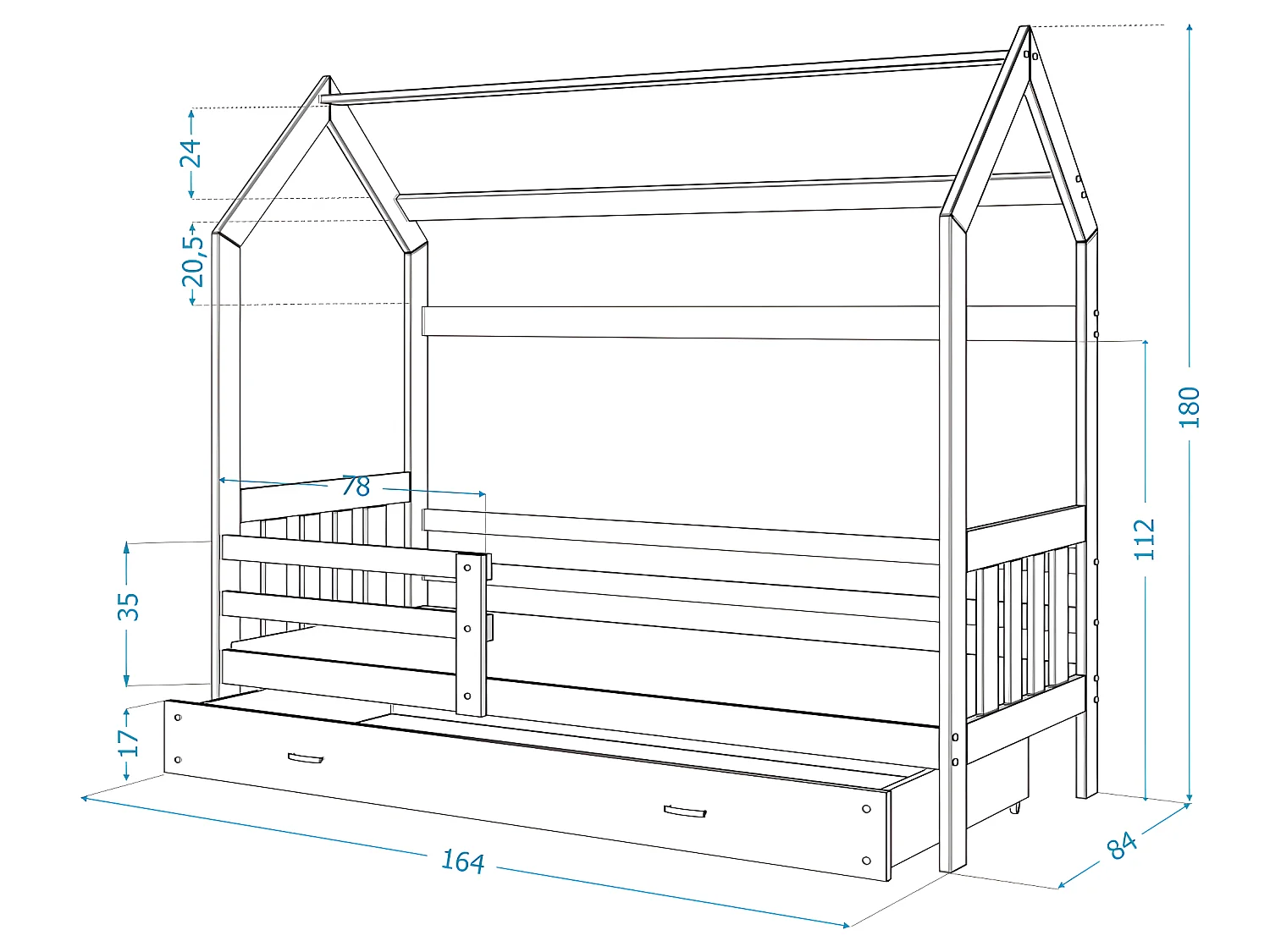 Lit cabane Plus  80 x160 cm avec sommier , matelas et tiroir Pin - Blanc