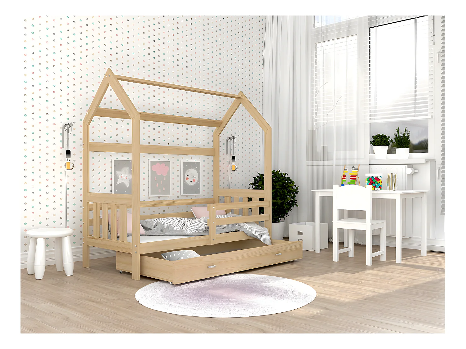 Lit cabane Plus  80 x160 cm avec sommier , matelas et tiroir Pin