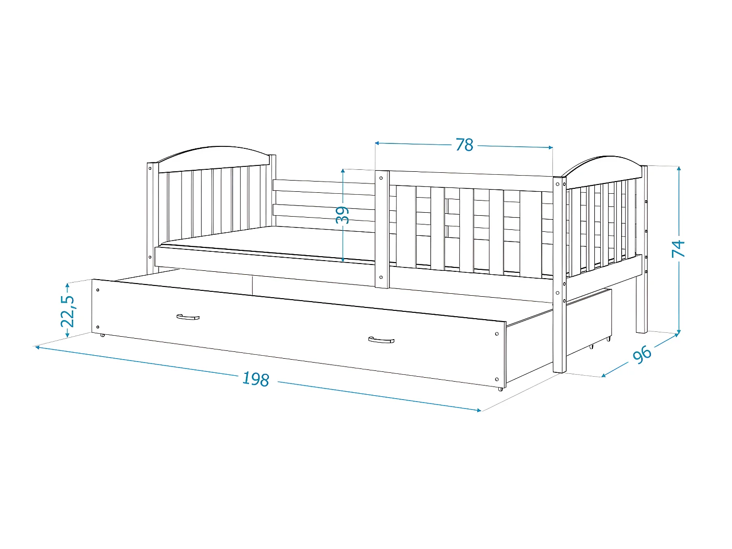 Lit enfant LUNA 90X190 cm - 1 Matelas , 1 Sommier et Tiroir inclus Blanc