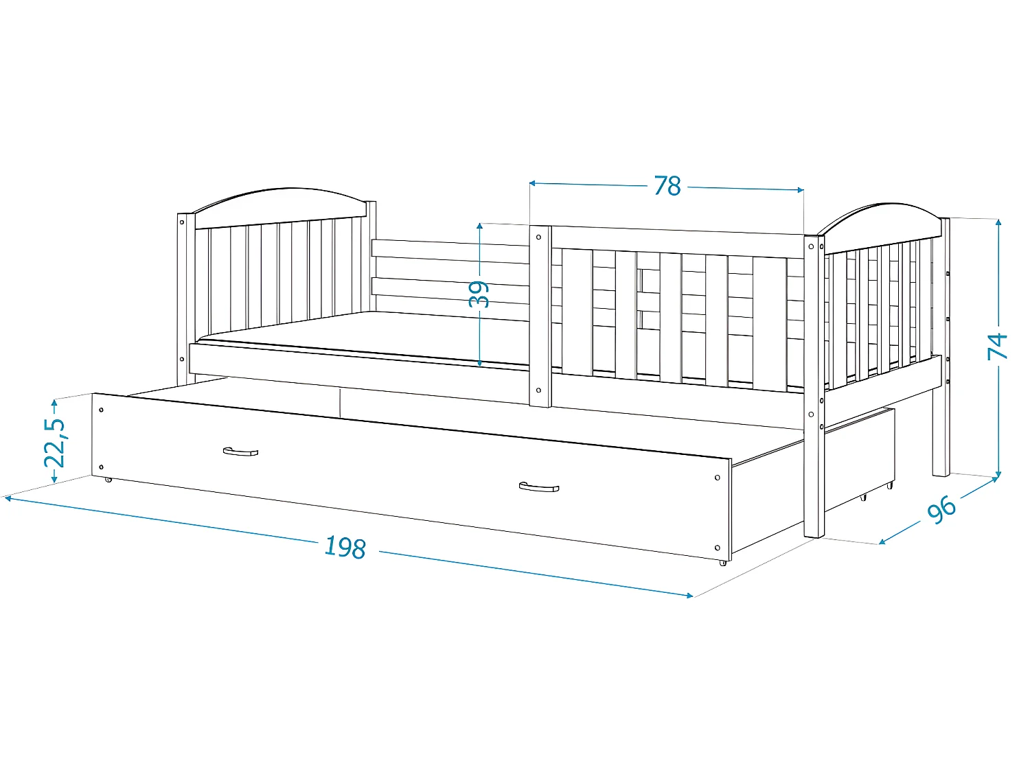 Lit enfant LUNA 90X190 cm - 1 Matelas , 1 Sommier et Tiroir inclus Pin