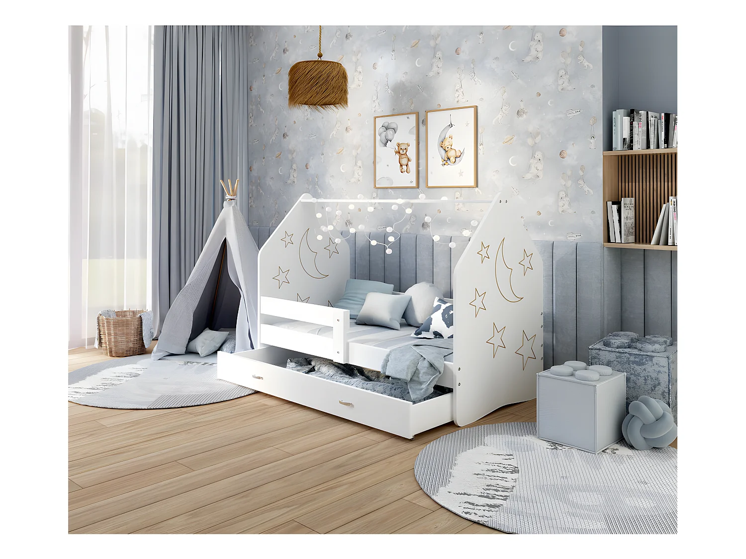 Lit Cabane DAILY FREZ 80x160 Blanc - lune Livré avec le sommiers et tiroir.