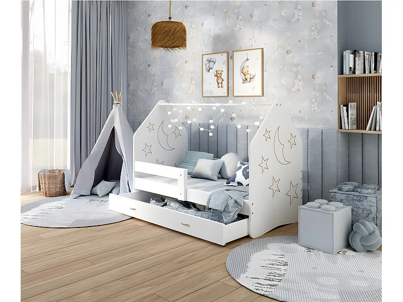 Lit Cabane DAILY FREZ 80x160 Blanc - lune Livré avec le sommiers et tiroir.