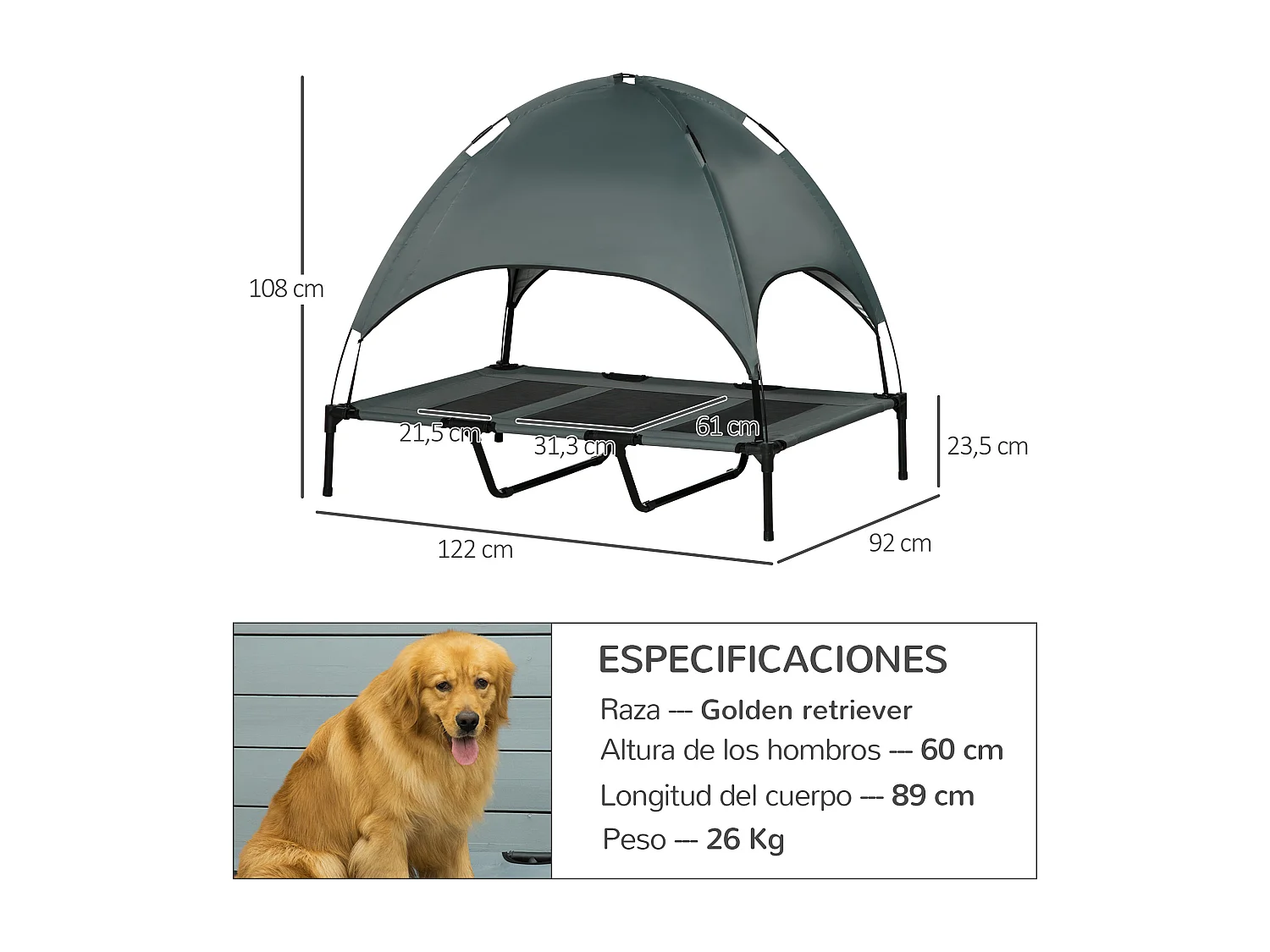 Cama elevada para mascotas gris 122x92x108cm PawHut