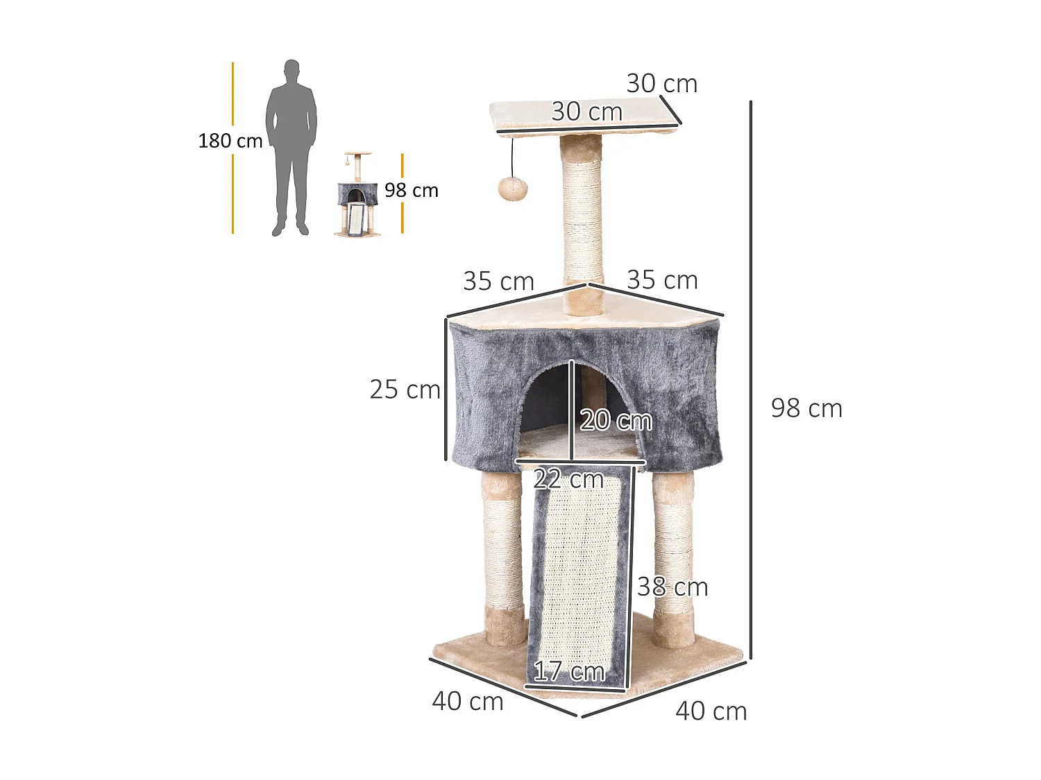 Árbol para gatos grey and beige 40x40x98 cm PawHut