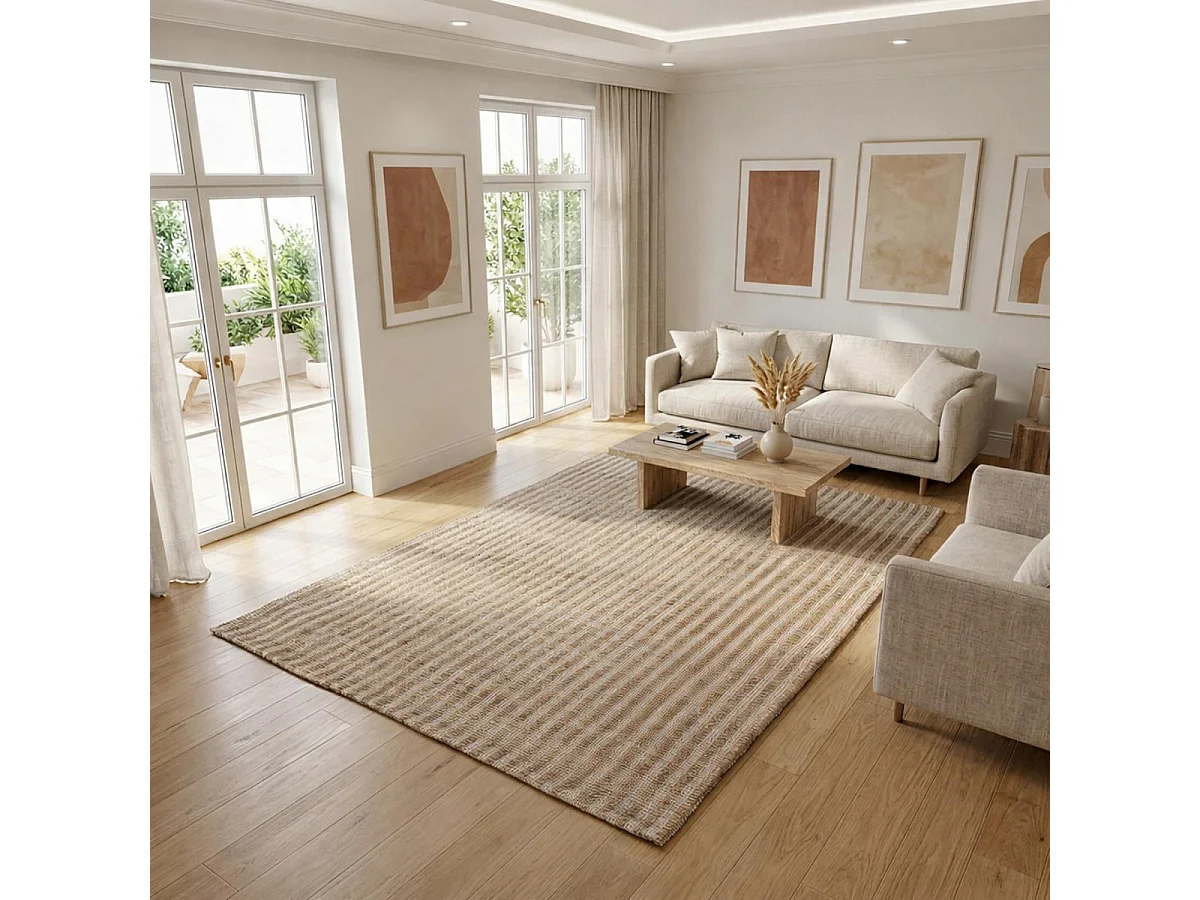 Alfombra de yute hecha a mano 200x290 beige y blanco VERTYJUTE