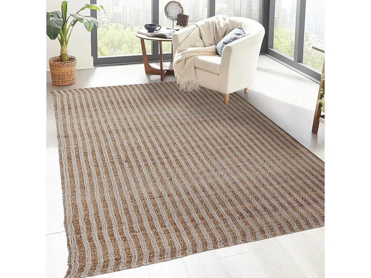 Tapis jute 160x230 fait main beige et blanc VERTYJUTE