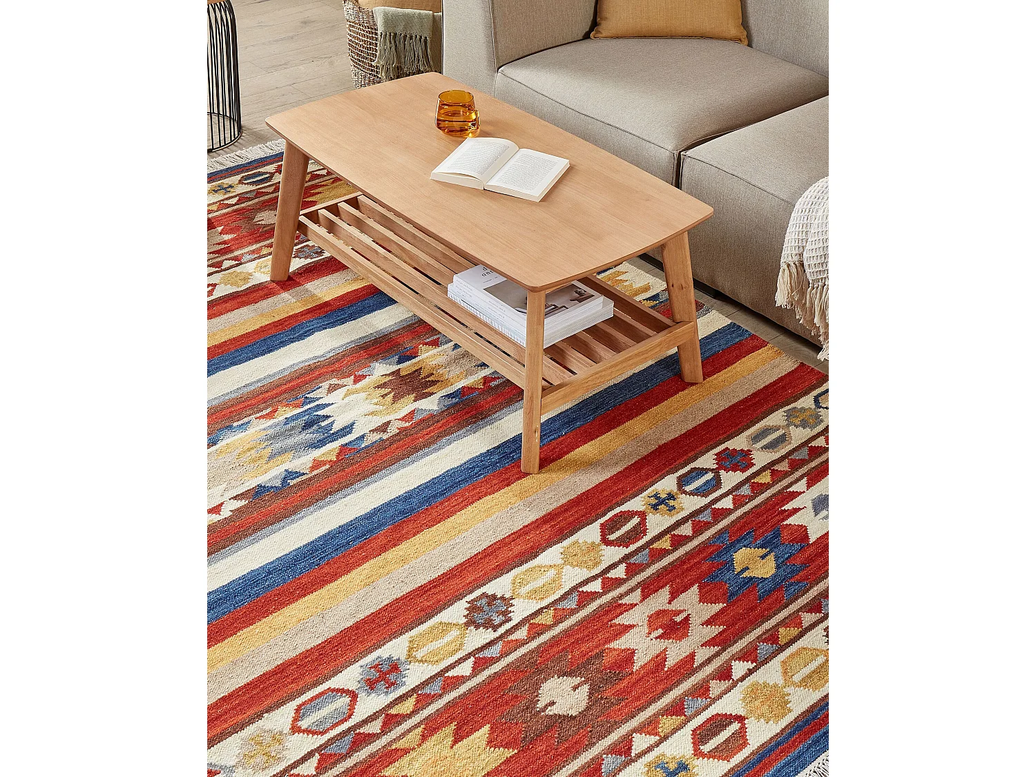 Kelim Teppich Wolle mehrfarbig 160 x 230 cm orientalisches Muster Kurzflor JRARAT