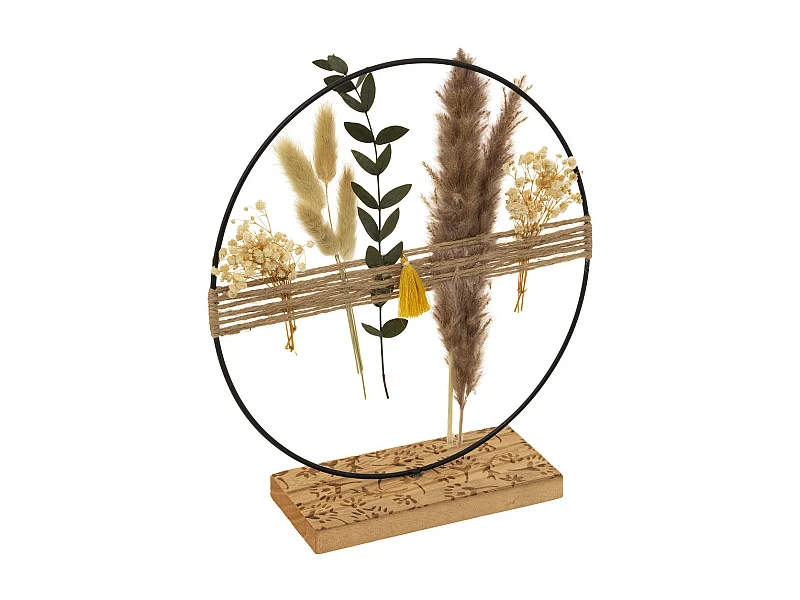 Objet déco à poser en Métal et Bois avec pompons et plantes séchées H 27 cm