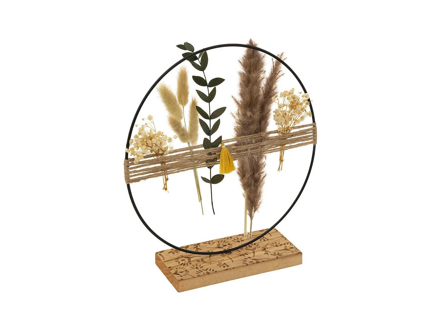 Objet déco à poser en Métal et Bois avec pompons et plantes séchées H 27 cm