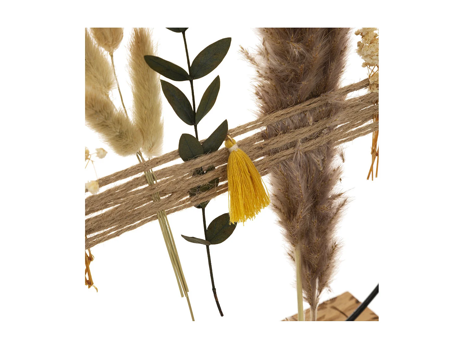 Objet déco à poser en Métal et Bois avec pompons et plantes séchées H 27 cm