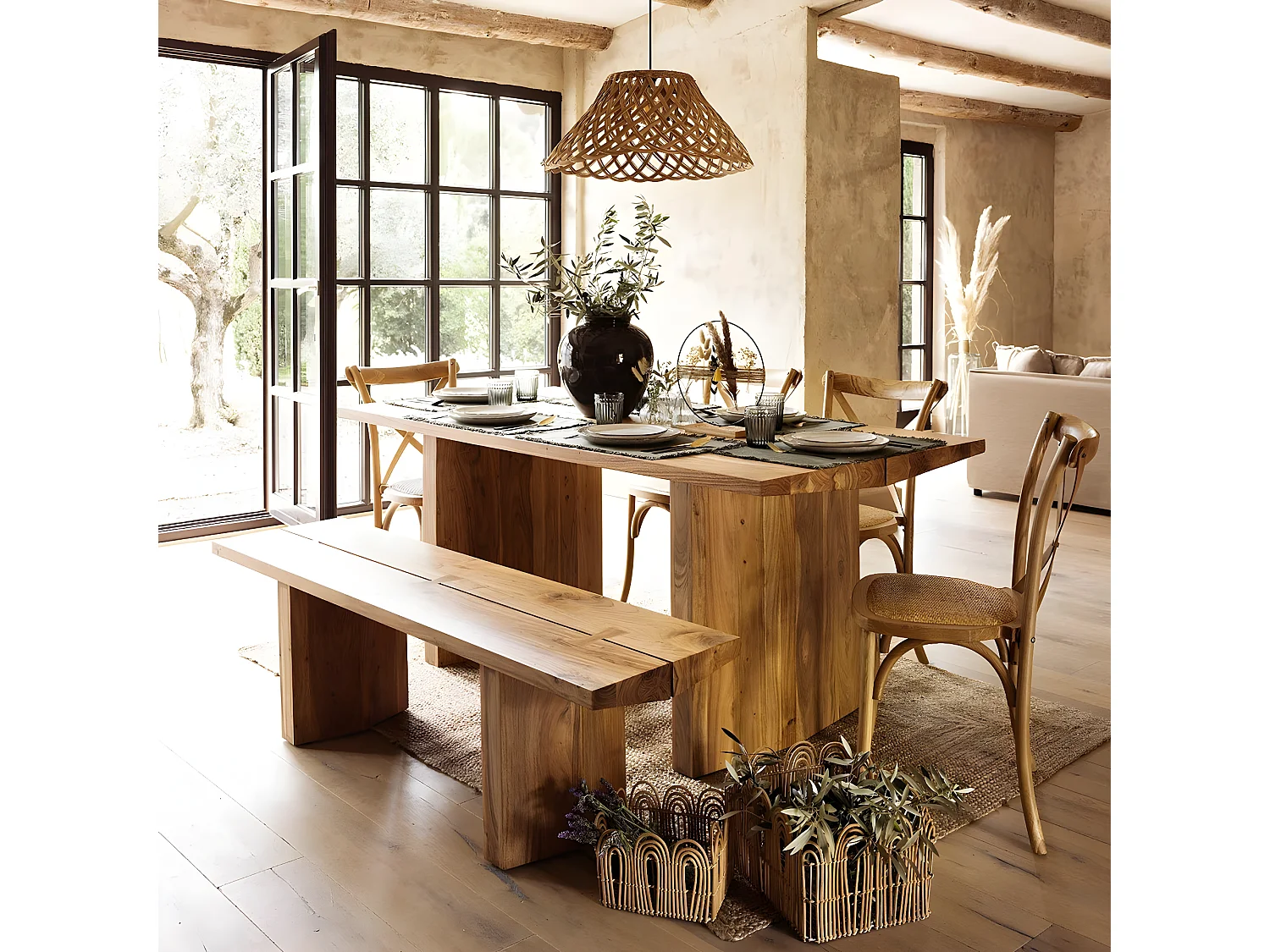 Objet déco à poser en Métal et Bois avec pompons et plantes séchées H 27 cm