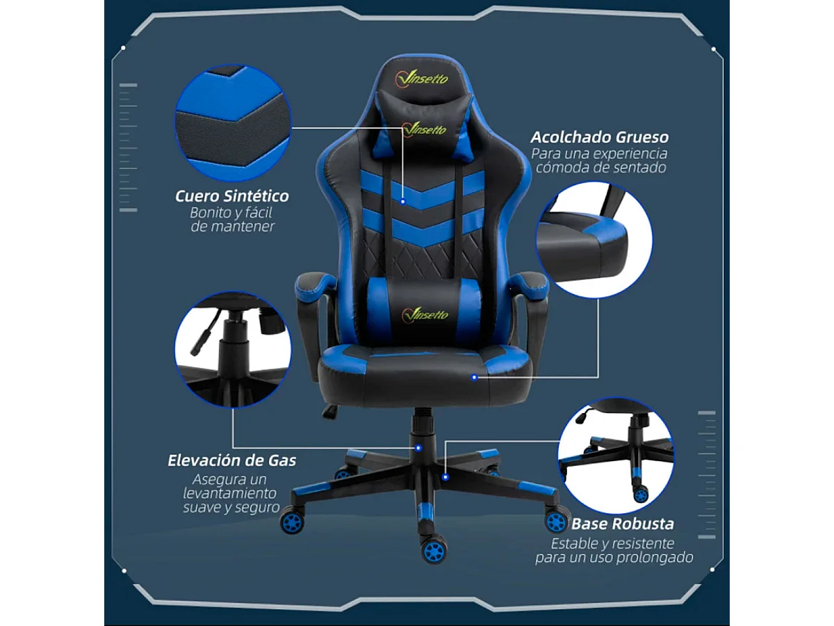 Silla gaming azul y negro 61x70x129 cm Vinsetto