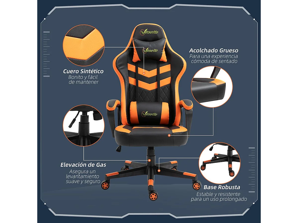 Silla gaming naranja y negro 61x70x129 cm Vinsetto