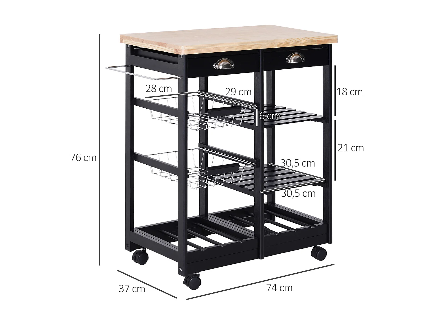 Carro de cocina negro 74x37x76cm HOMCOM