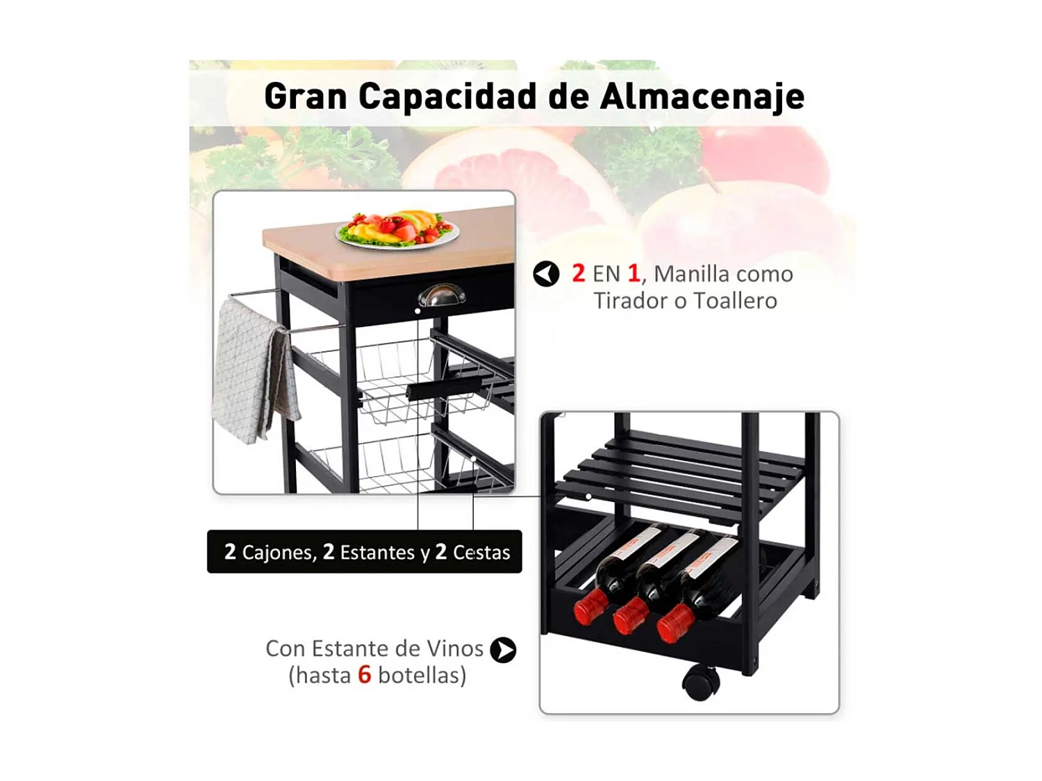 Carro de cocina negro 74x37x76cm HOMCOM