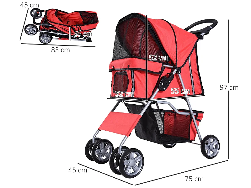 Cochecito para perro y gato rojo 75x45x97 cm PawHut