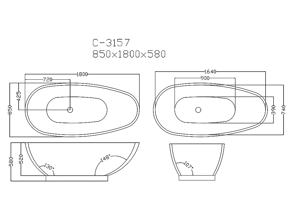 Baignoire îlot MARBELA - 190 L - 180*85*58cm - Effet Marbre - Noir