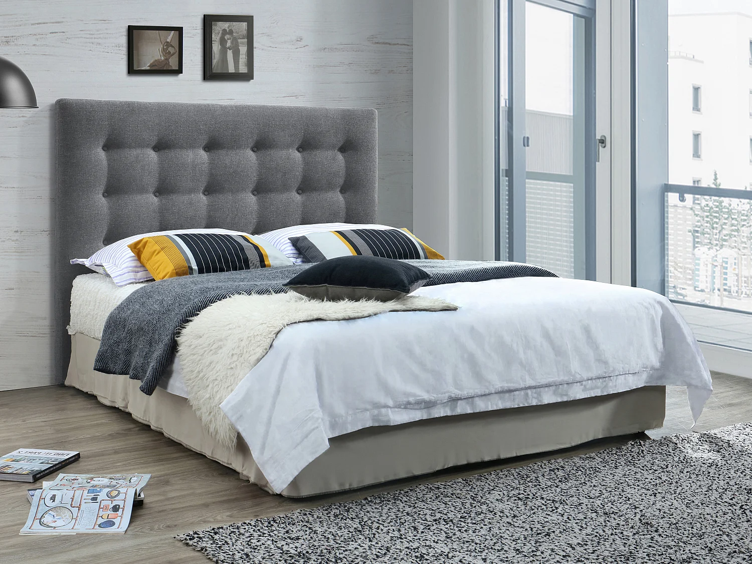 Tête de lit capitonnée - 140 cm - Tissu - Gris - FRANCESCO