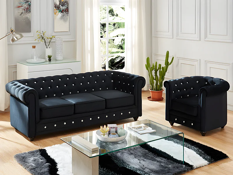Sofá 3 plazas y sillón de terciopelo CHESTERFIELD - Negro con botones efecto cristal