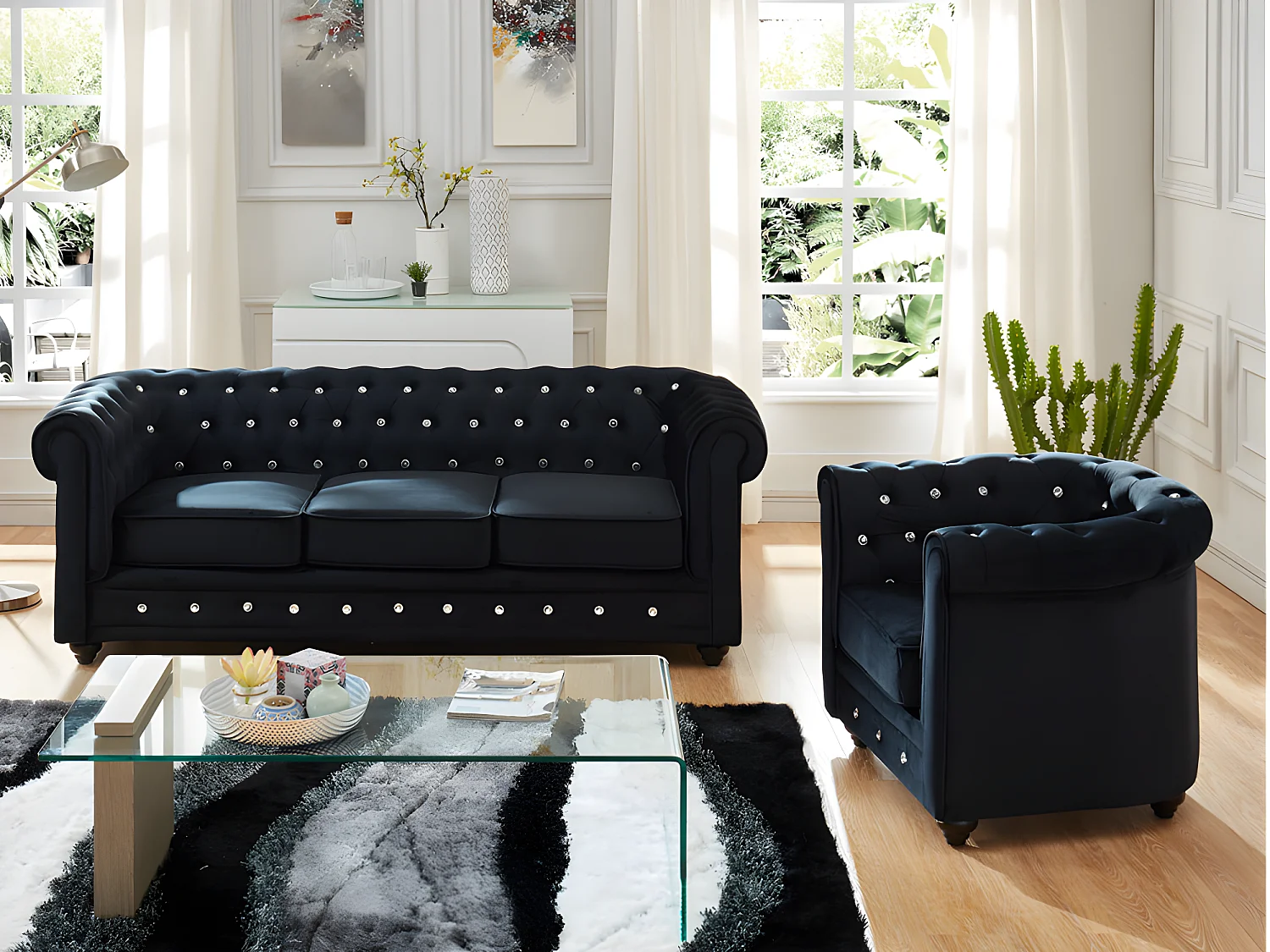 Canapé 3 places et fauteuil CHESTERFIELD - velours noir et boutons effet cristal