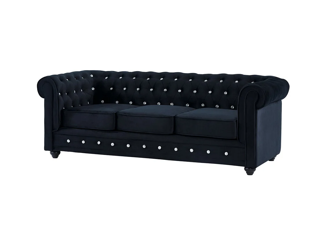 3-sitssoffa och fåtölj CHESTERFIELD - svart sammet och knappar med kristalleffekt