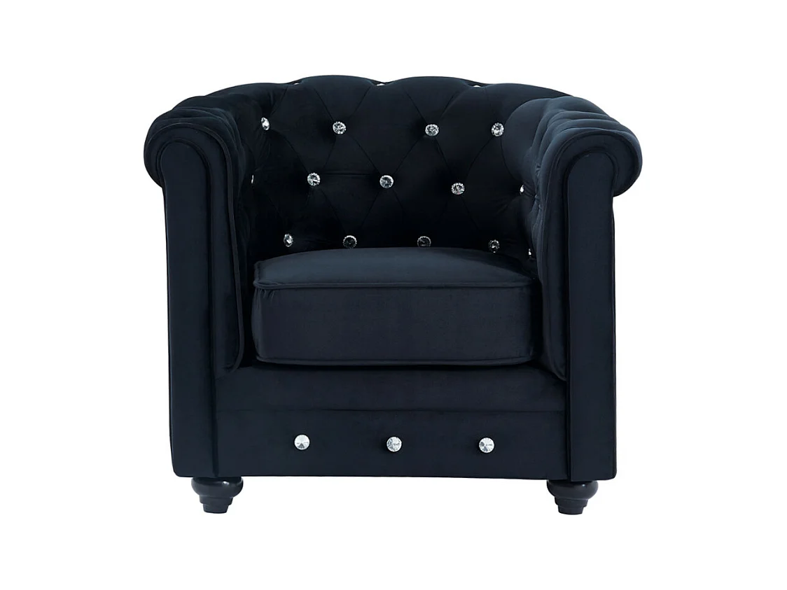 3-sitssoffa och fåtölj CHESTERFIELD - svart sammet och knappar med kristalleffekt