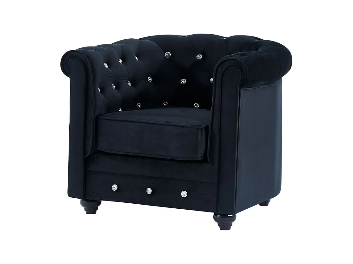 3-sitssoffa och fåtölj CHESTERFIELD - svart sammet och knappar med kristalleffekt