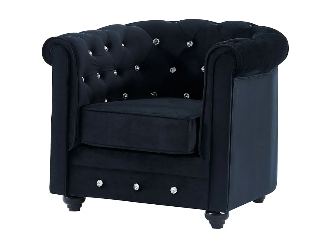 Canapé 3 places et fauteuil CHESTERFIELD - velours noir et boutons effet cristal