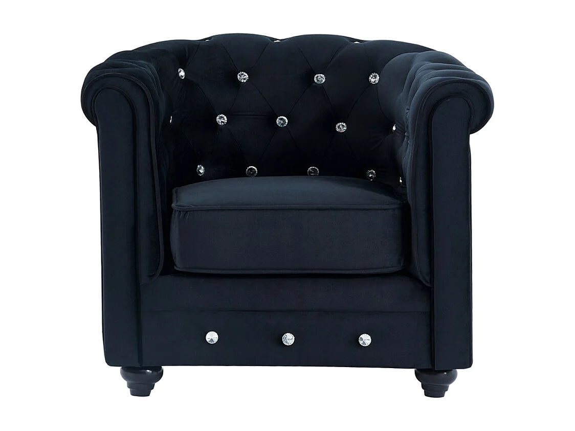 Canapé 3 places et fauteuil CHESTERFIELD - velours noir et boutons effet cristal