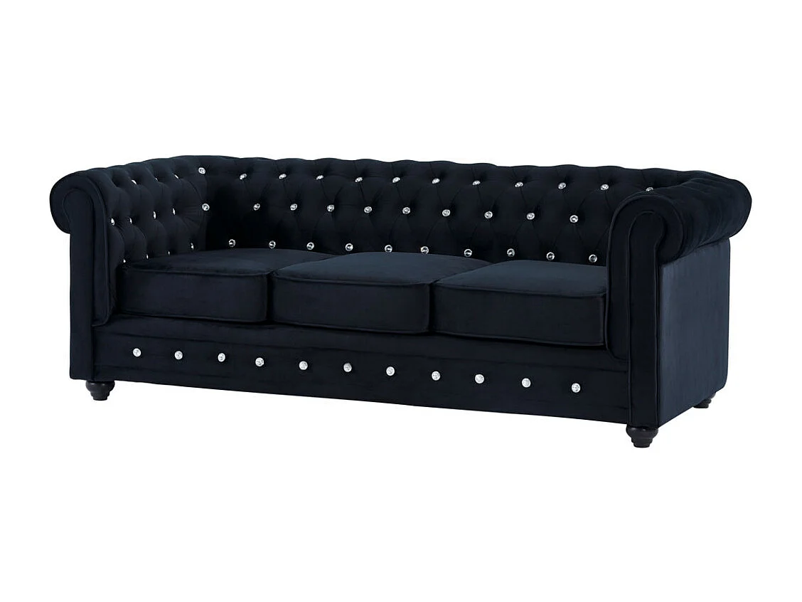 Canapé 3 places et fauteuil CHESTERFIELD - velours noir et boutons effet cristal