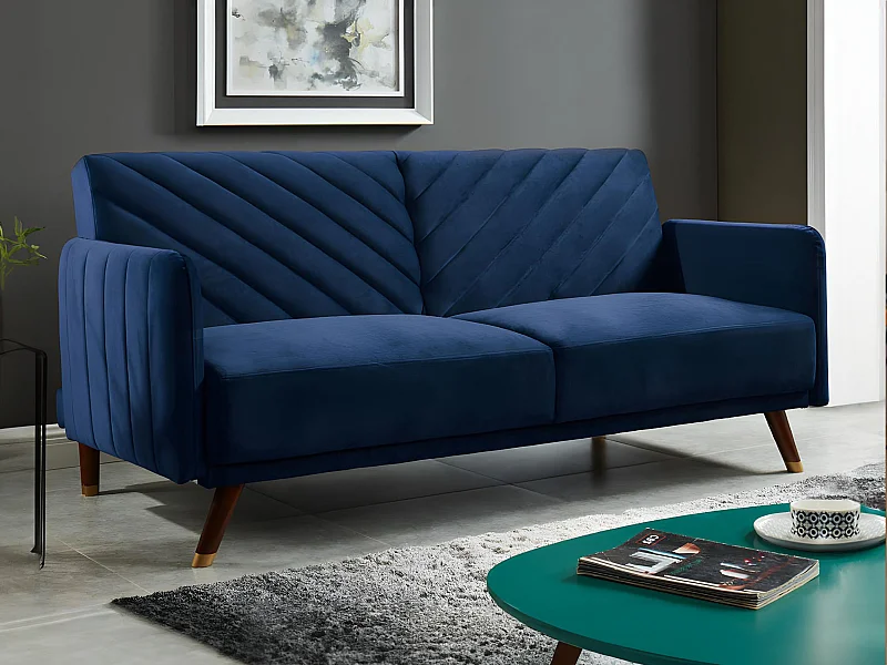 Sofá cama de 3 lugares convertível em cama em veludo Azul escuro - JORIS