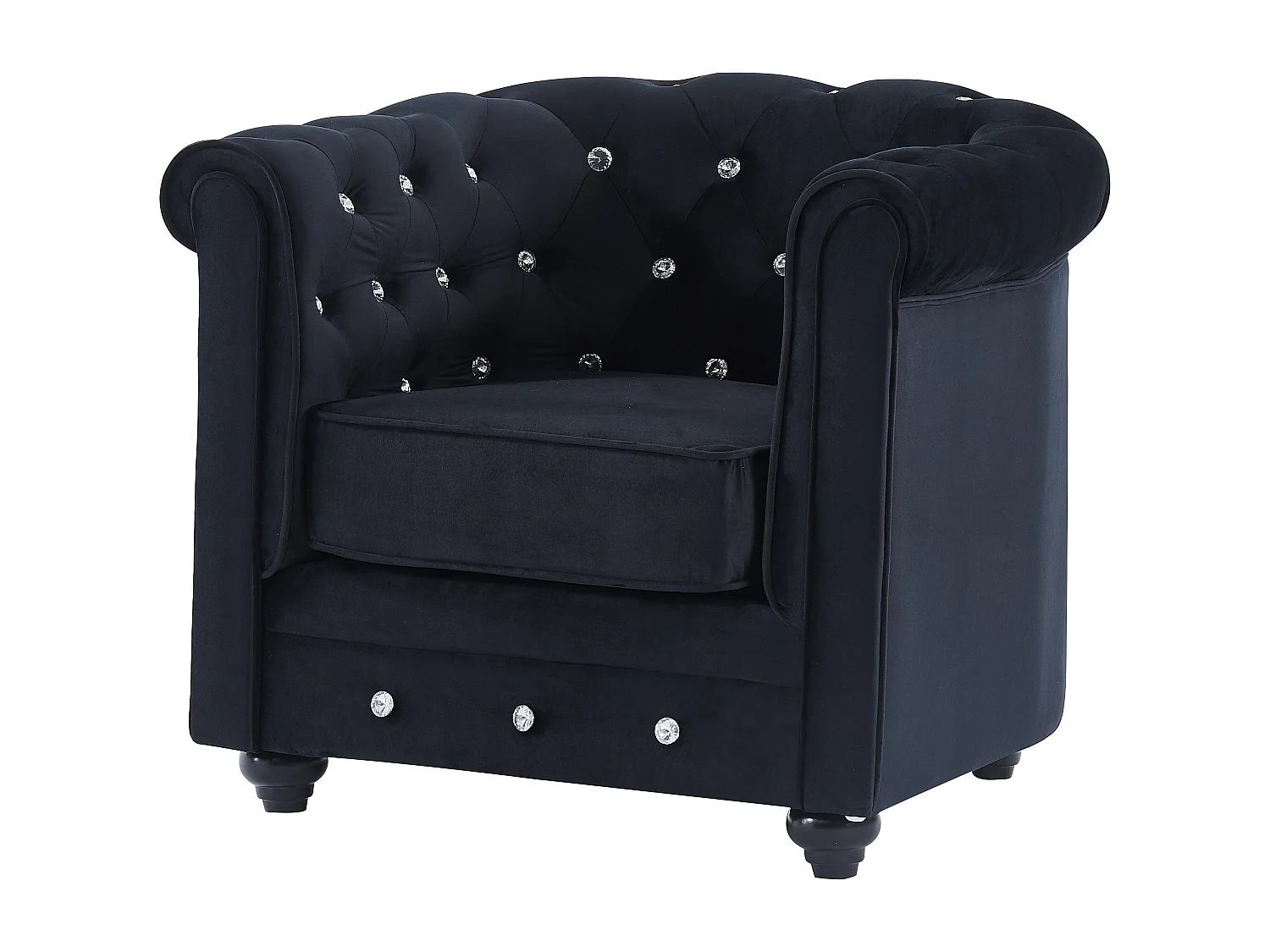 Canapé 3 places et 2 fauteuils CHESTERFIELD - Velours noir et boutons effet cristal 