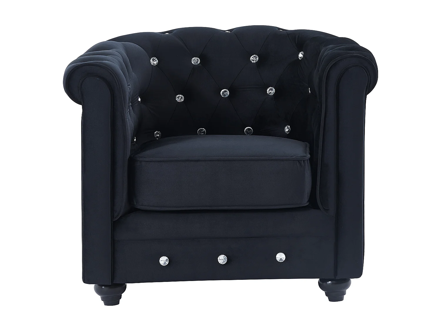 Canapé 3 places et 2 fauteuils CHESTERFIELD - Velours noir et boutons effet cristal 