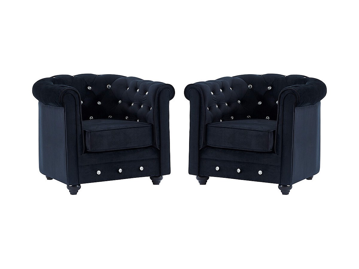 Sessel Samt 2er-Set ANNA - Schwarz mit Kristallknöpfen