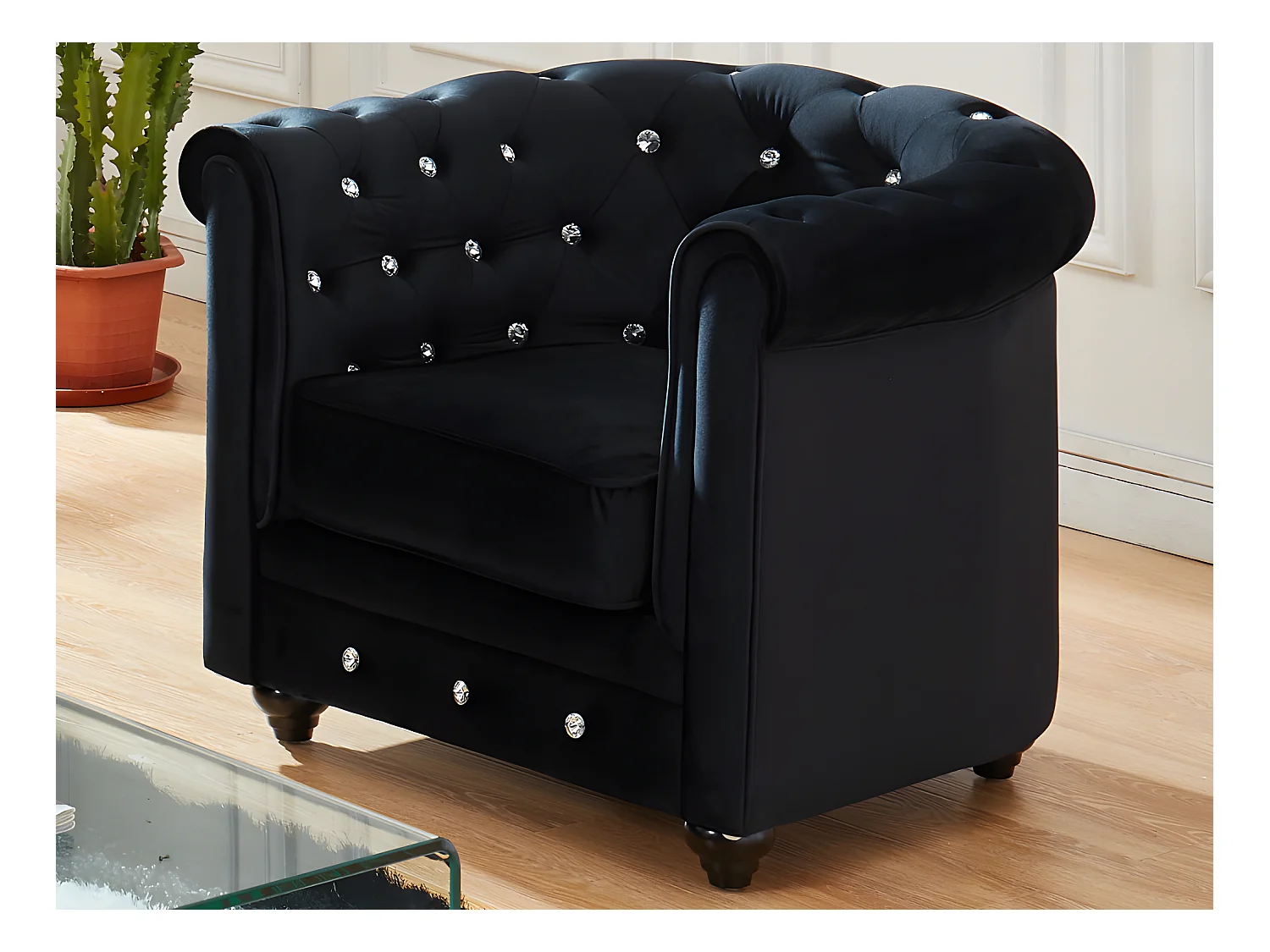 Lot de 2 Fauteuils CHESTERFIELD - Velours noir et boutons effet cristal