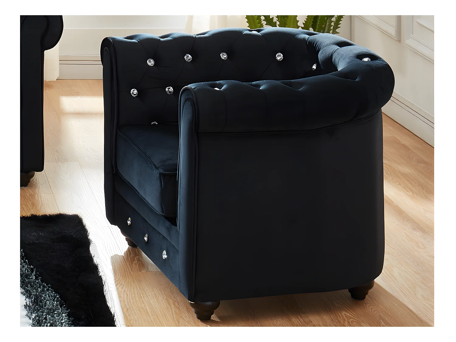 Lot de 2 Fauteuils CHESTERFIELD - Velours noir et boutons effet cristal