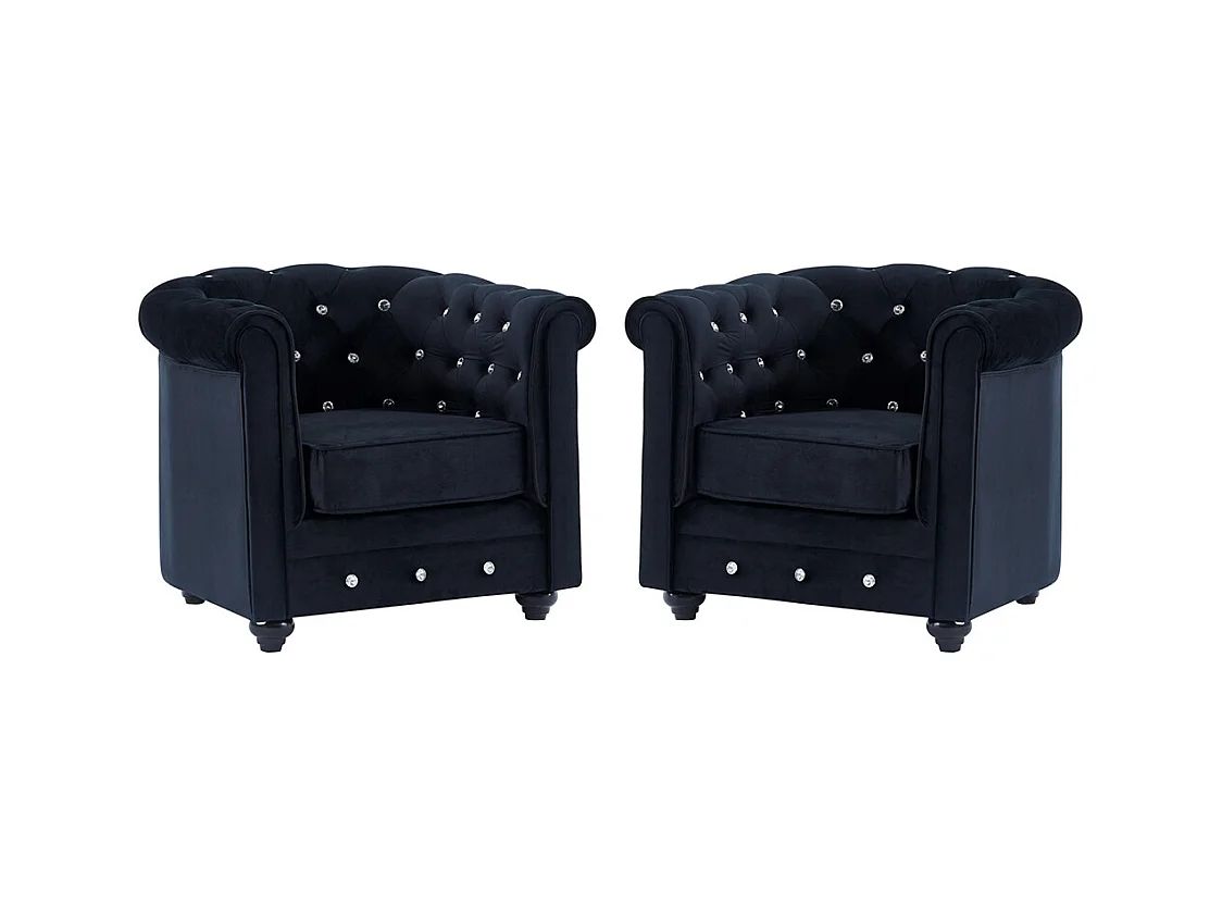 Lot de 2 Fauteuils CHESTERFIELD - Velours noir et boutons effet cristal 