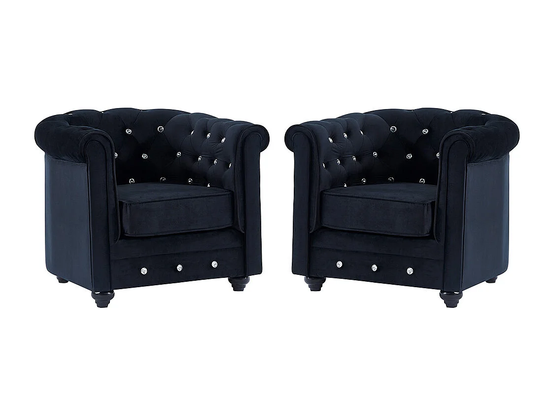Lote de 2 Cadeirões CHESTERFIELD - Veludo preto e botões efeito cristal