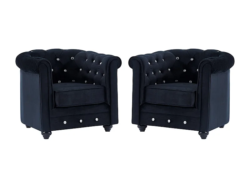 Lot de 2 Fauteuils CHESTERFIELD - Velours noir et boutons effet cristal 