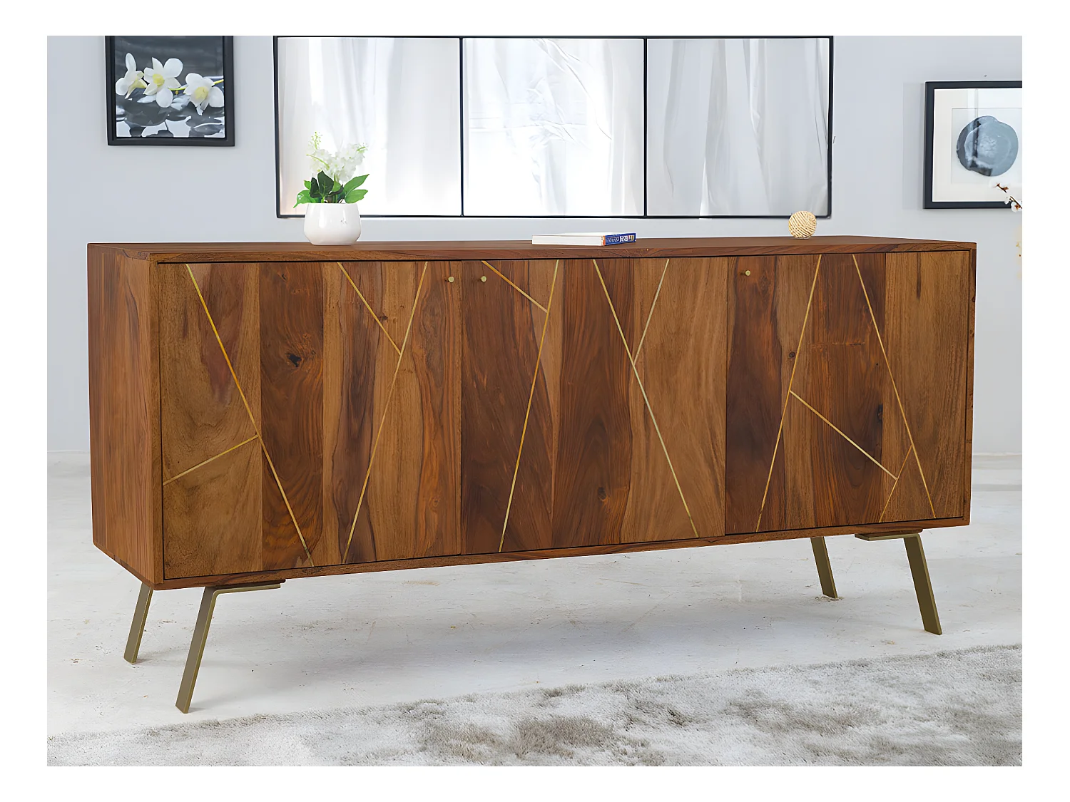 Buffet ORPHEA - 3 portes - Bois de Sheesham & métal doré