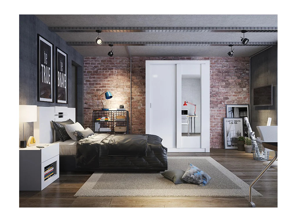 Armoire PETTERI - 2 portes coulissantes - Avec miroir - L.152 cm - Blanc