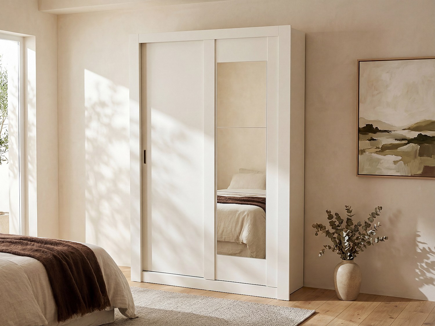 Kleiderschrank mit Spiegel + 2 Schiebetüren - B. 152 cm - Weiß - PETTERI