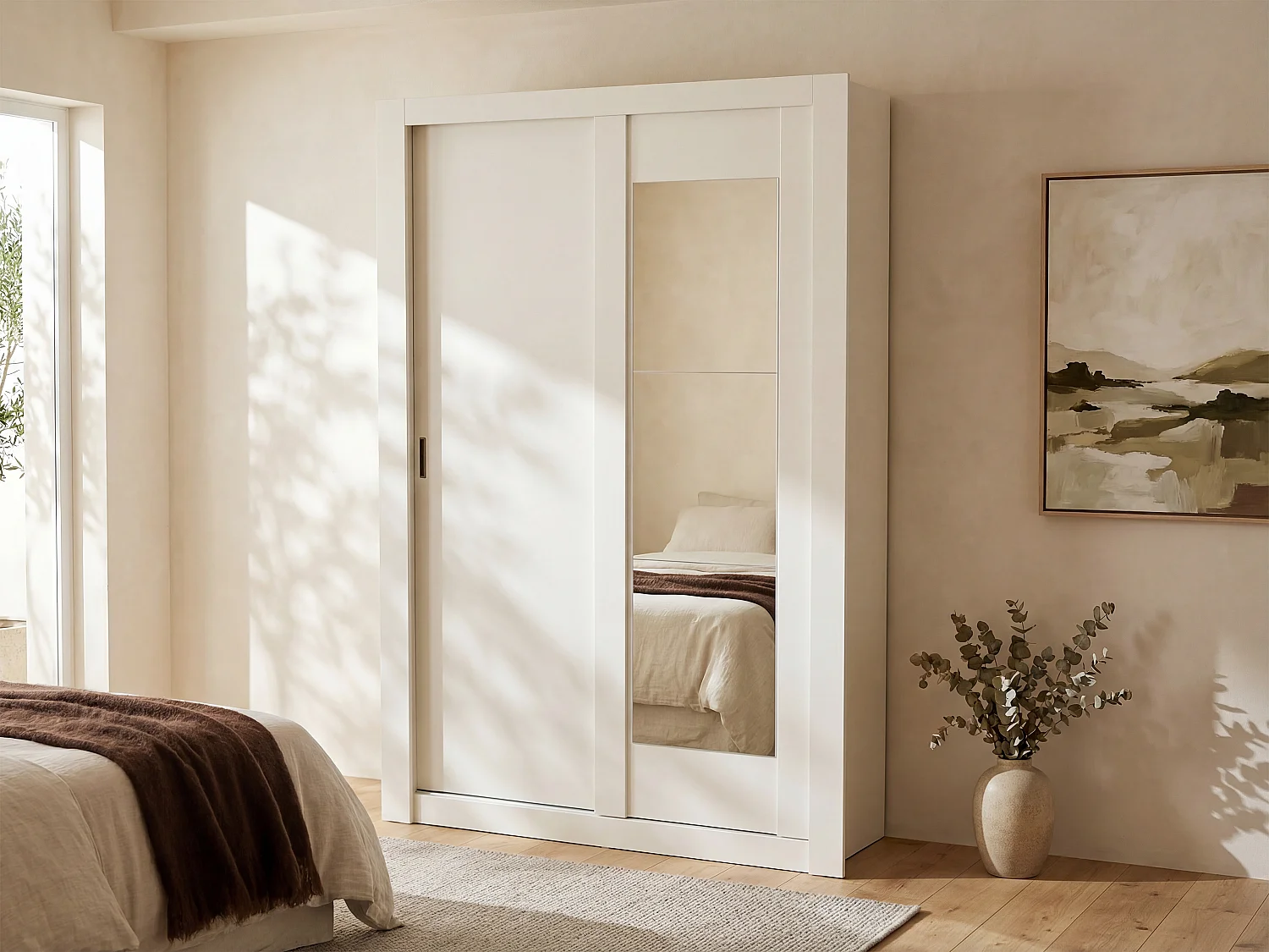 Armoire PETTERI - 2 portes coulissantes - Avec miroir - L.152 cm - Blanc