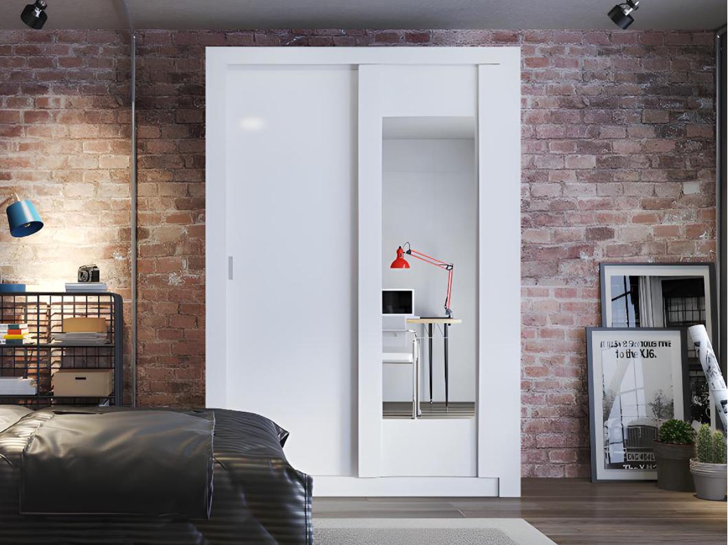 Armoire PETTERI - 2 portes coulissantes - Avec miroir - L.152 cm - Blanc
