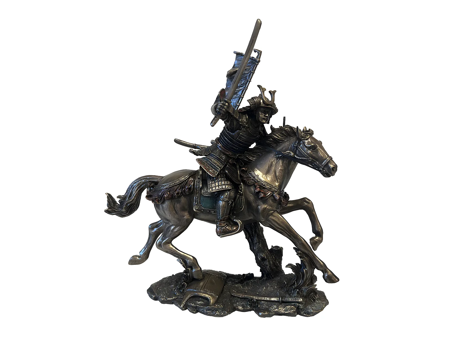 Statue samurai à cheval aspect bronze