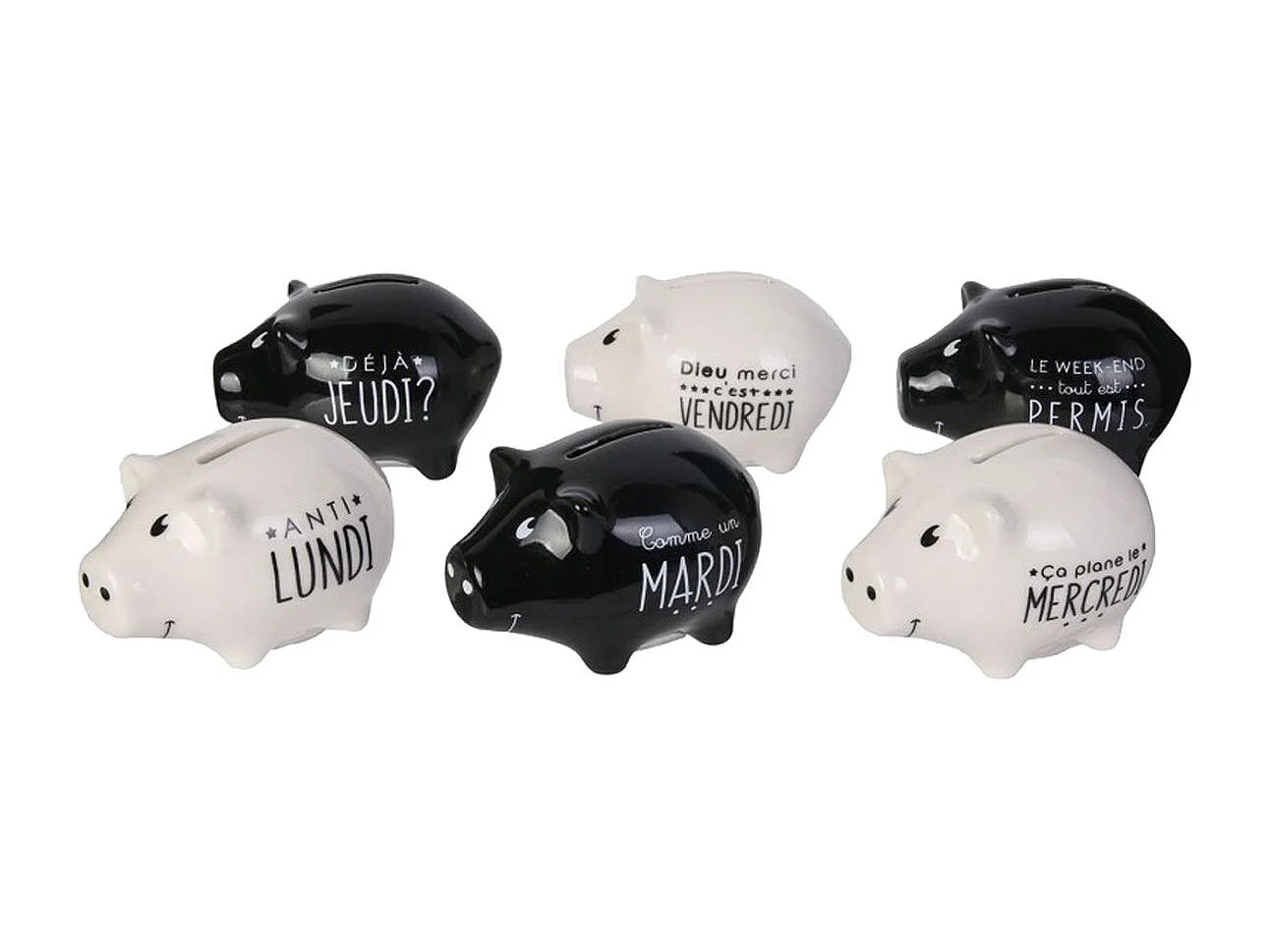Lot de 6 Tirelires "Cochon Semainier" 7cm Noir & Blanc